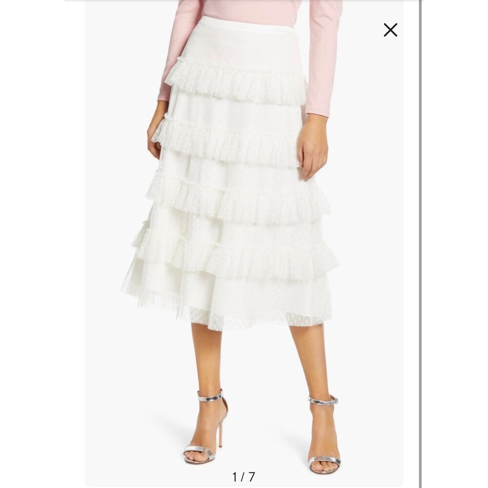 Rachel Parcell White Lace layered tiered white dot mesh lined midi skirt size XL